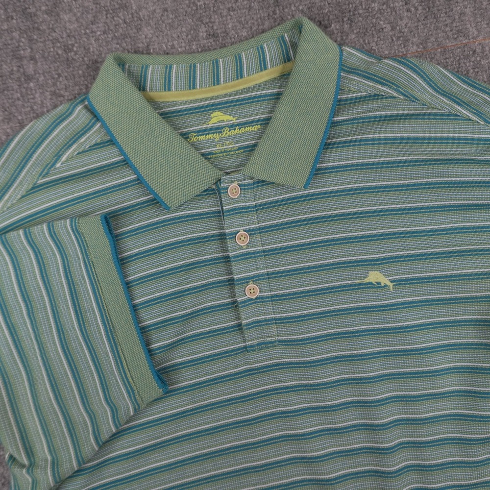 Tommy Bahama Polo Shirt Mens XL Green Teal Striped‎ Short Sleeve Marlin Logo